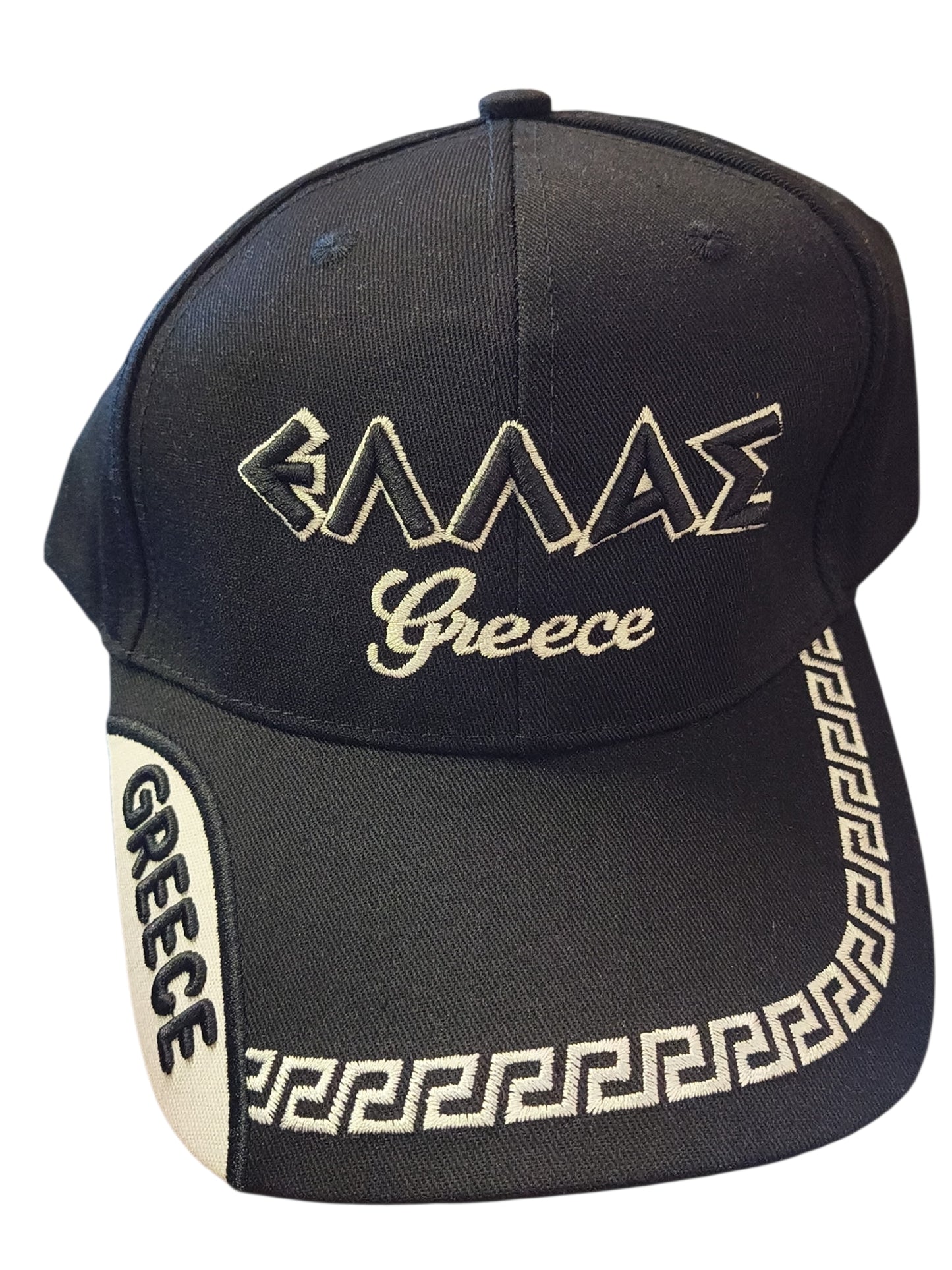 Greece “Hellas” Embroidered Adjustable Baseball Cap with Greek Key Brim & Side Patch