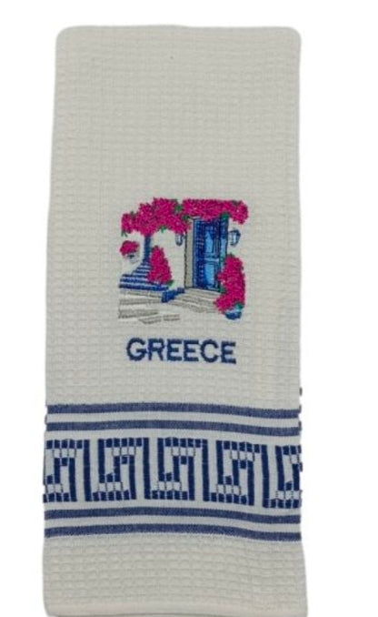 Greek Courtyard Waffle-Weave Kitchen Towels – Assorted Meander Designs