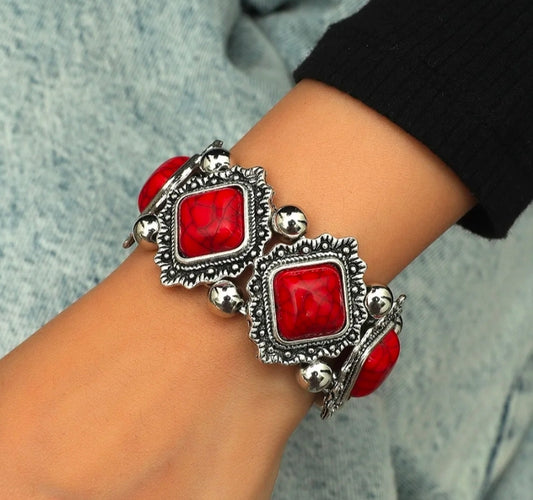 Bohemian Marbled Stone Stretch Bracelet with Antique Silver Accents