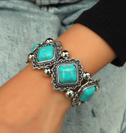 Bohemian Marbled Stone Stretch Bracelet with Antique Silver Accents