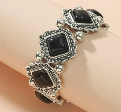 Bohemian Marbled Stone Stretch Bracelet with Antique Silver Accents