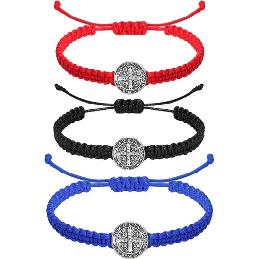 Saint Benedict Braided Adjustable Bracelet with Medal Charm (Assorted Colors)