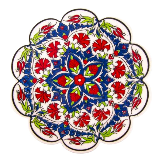 Daisy-Shaped Ceramic Trivet – Decorative Blue & Red Floral Heat Protector (7")
