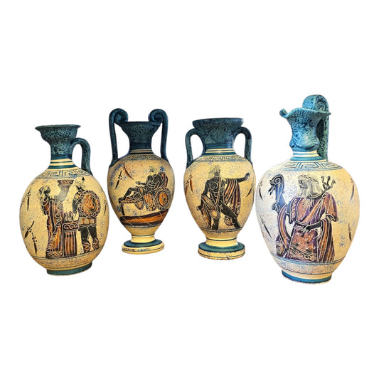 Handmade & Hand-Painted Greek God & Goddess Vase – Aqua Blue, Imported from Athens (8.5")
