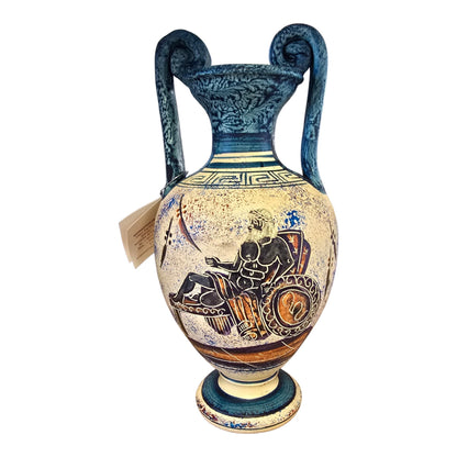 Handmade & Hand-Painted Greek God & Goddess Vase – Aqua Blue, Imported from Athens (8.5")