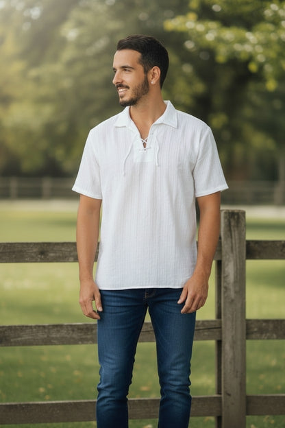 Natural Cotton Lace‑Up Beach Shirt – Imported from Greece