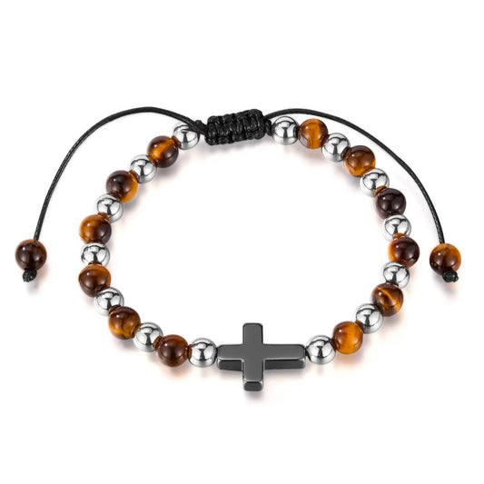Adjustable Stainless Steel Bracelet with Hematite Cross and Tiger Eye Beads