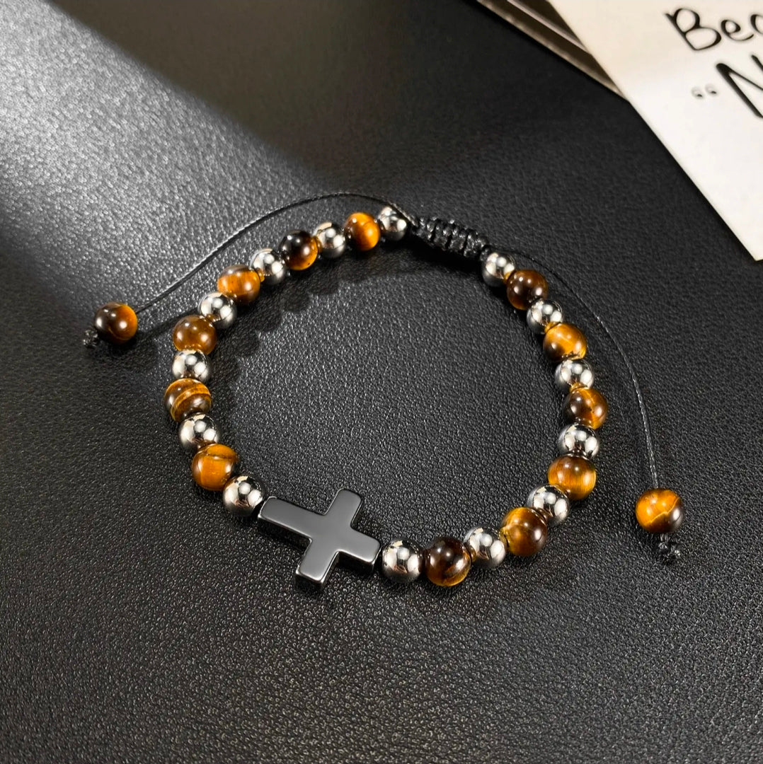 Adjustable Stainless Steel Bracelet with Hematite Cross and Tiger Eye Beads