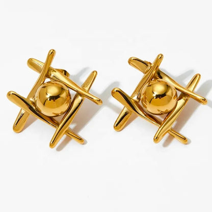 Gold-Plated Stainless Steel Geometric Stud Earrings with Central Sphere