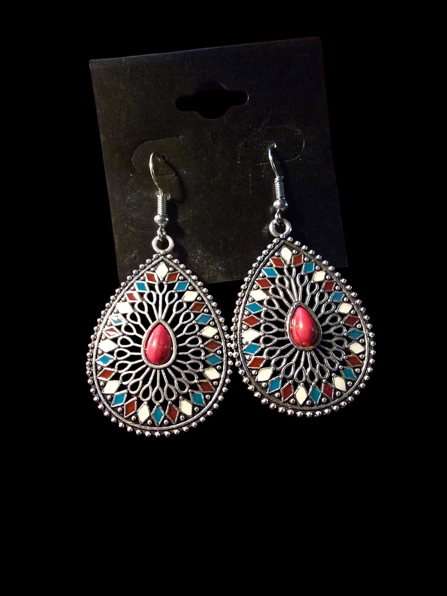 Bohemian Silver-Tone Filigree Teardrop Earrings with Colorful Enamel Accents
