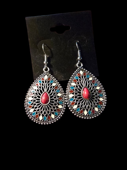 Bohemian Silver-Tone Filigree Teardrop Earrings with Colorful Enamel Accents