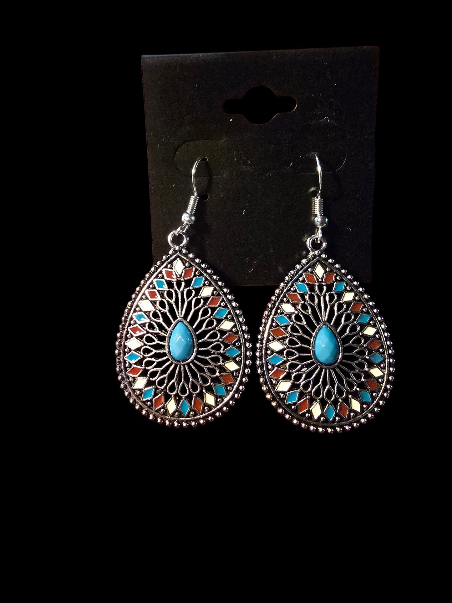 Bohemian Silver-Tone Filigree Teardrop Earrings with Colorful Enamel Accents