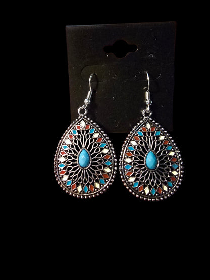 Bohemian Silver-Tone Filigree Teardrop Earrings with Colorful Enamel Accents
