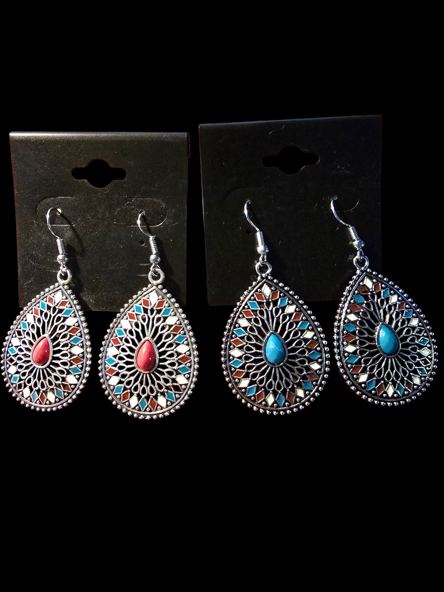 Bohemian Silver-Tone Filigree Teardrop Earrings with Colorful Enamel Accents