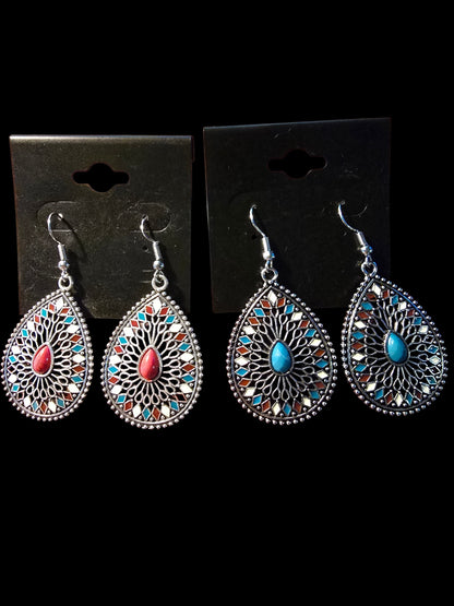 Bohemian Silver-Tone Filigree Teardrop Earrings with Colorful Enamel Accents
