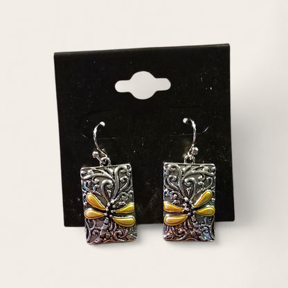 Sterling Silver Dragonfly Rectangle Drop Earrings with 18K Gold Accents