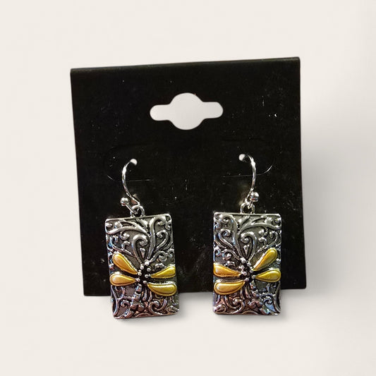 Sterling Silver Dragonfly Rectangle Drop Earrings with 18K Gold Accents