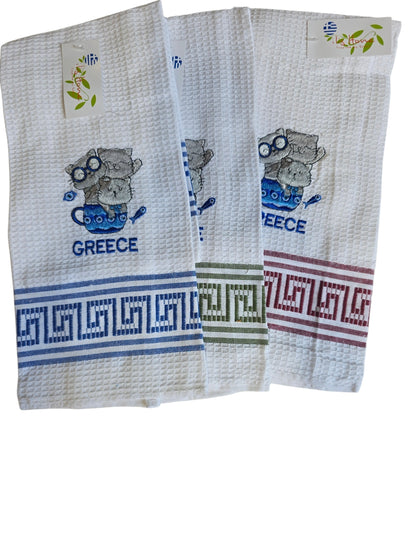 Greek Cats Waffle-Weave Kitchen Towels – Assorted Meander Designs