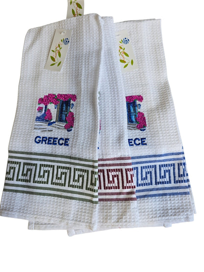 Greek Courtyard Waffle-Weave Kitchen Towels – Assorted Meander Designs