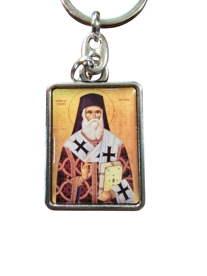 Saint Nektarios of Aegina Double-Sided Icon Keychain (Christ in Silver Reverse) – 4.5 x 3 cm