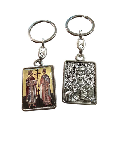 Saints Constantine & Helen Double-Sided Icon Keychain (Jesus Christ Reverse) – 4.5 x 3 cm