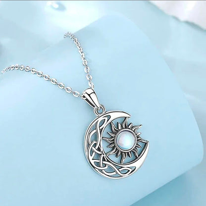 Silver-Plated Sun & Moon Pendant Necklace with Opal