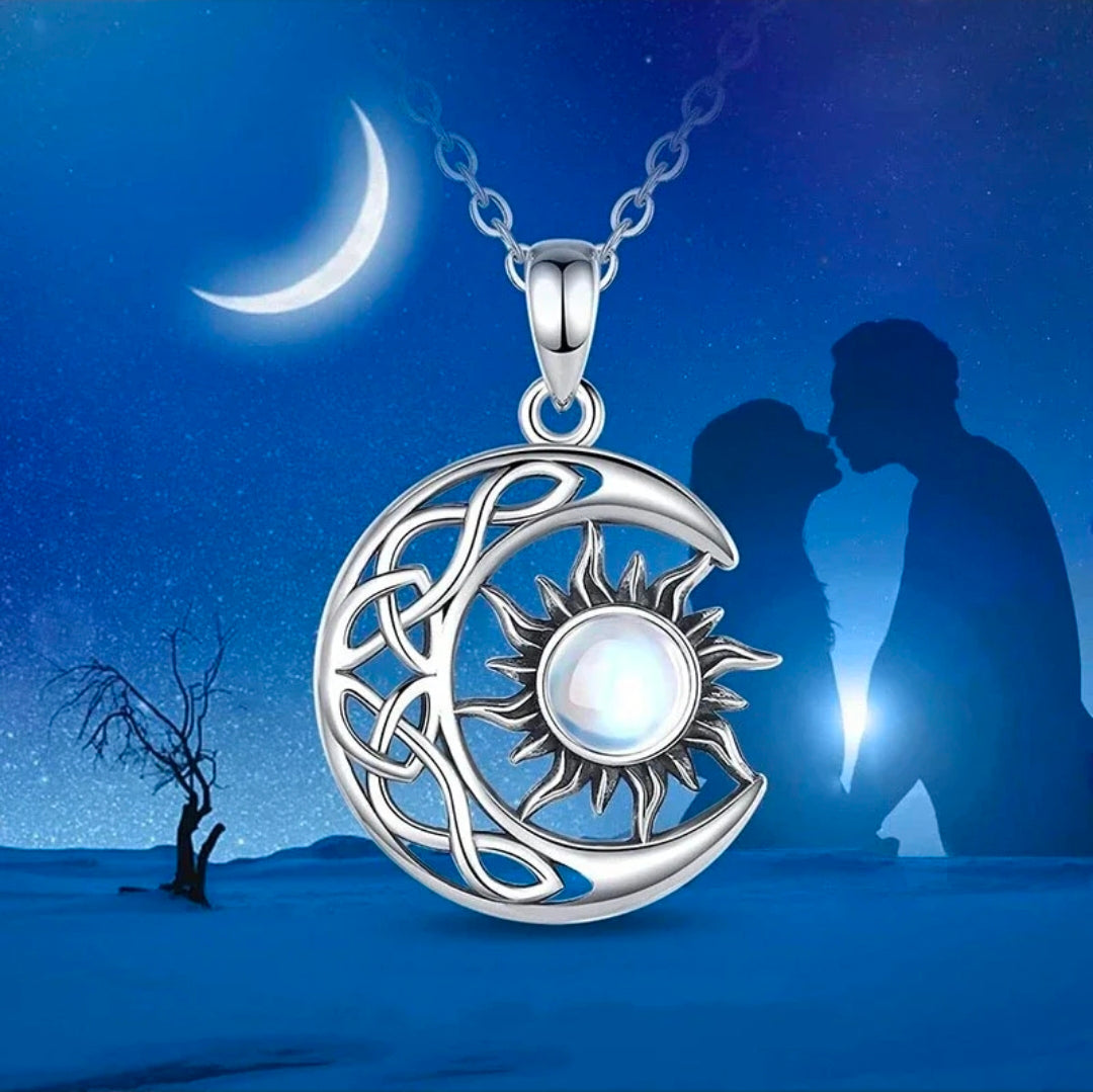 Silver-Plated Sun & Moon Pendant Necklace with Opal