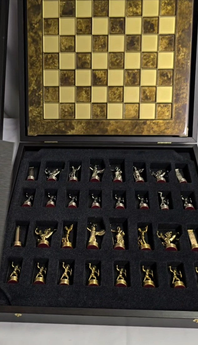 Handcrafted Greek Mythology Chess Set with Wooden Case