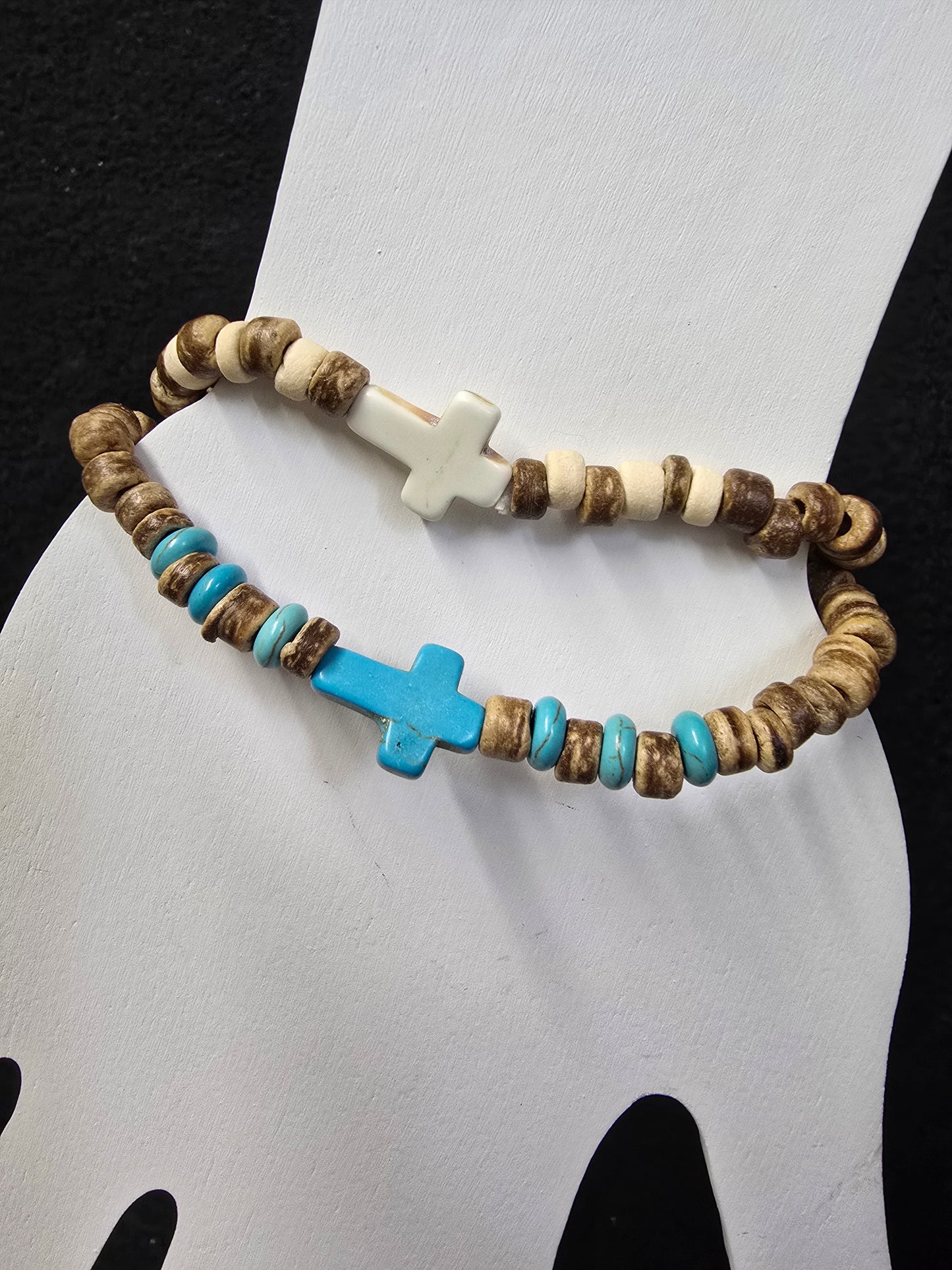 Coconut Wood Bead & Cuban Cross Stone Bracelet