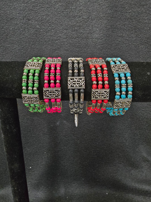 Three-Row Turquoise Alloy Bracelet with Feather Pendant