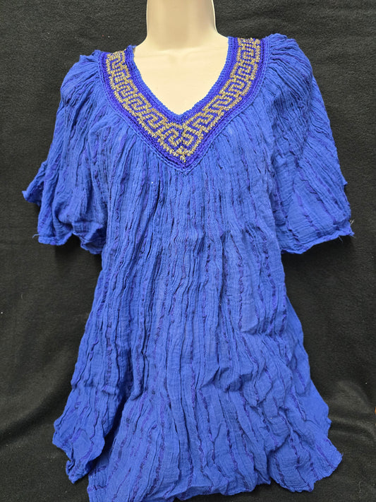 Greek-Inspired 100% Cotton Blouse with Gold Metallic