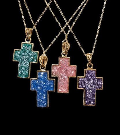 Crushed Crystal Pendant Necklace – 22” Gold-Plated Chain