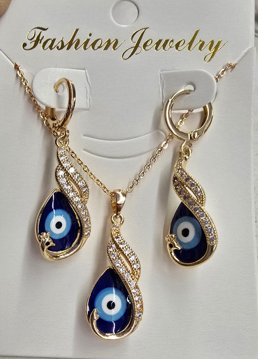 Evil Eye Necklace & Earrings Set – Gold Plated with Rhinestones
