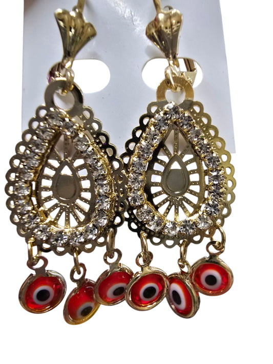 Gold-Plated Red Evil Eye Dangle Earrings – 1.4" Pendant