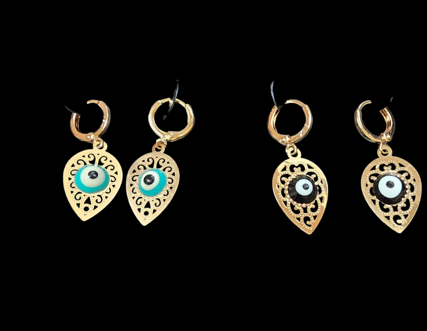 Gold Cutout Teardrop Earrings with Evil Eye – 0.5" Pendant