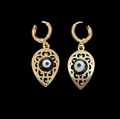 Gold Cutout Teardrop Earrings with Evil Eye – 0.5" Pendant