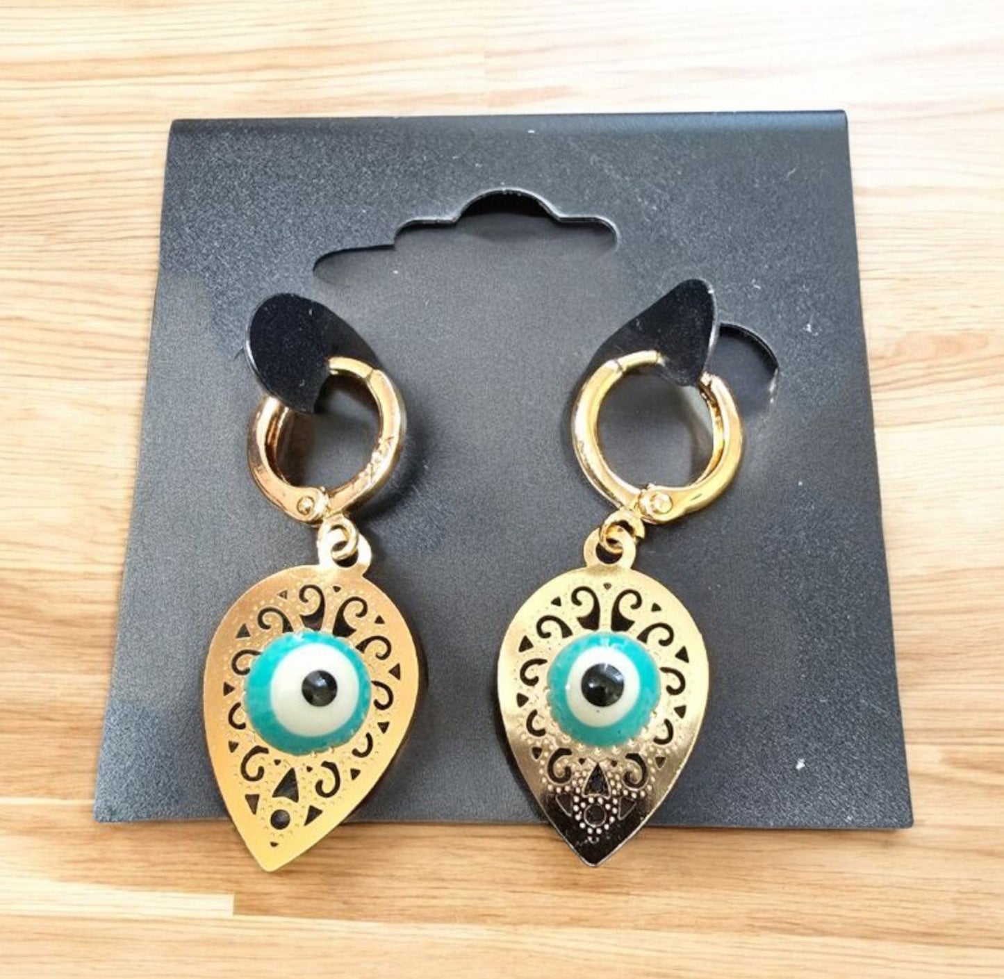 Gold Cutout Teardrop Earrings with Evil Eye – 0.5" Pendant