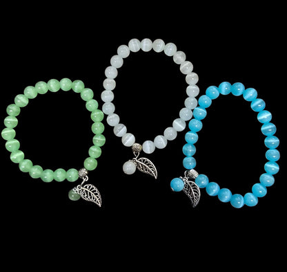 Opal Cat Eye Stone Bracelet with Feather Charm