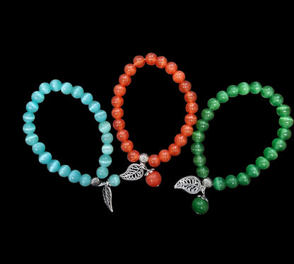 Opal Cat Eye Stone Bracelet with Feather Charm