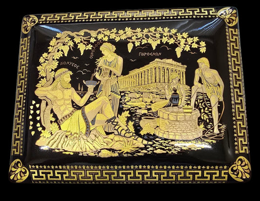 Handmade Greek Ceramic Box with 24K Gold Accents - Ancient Scene of Dionysius and Gods by the Parthenon