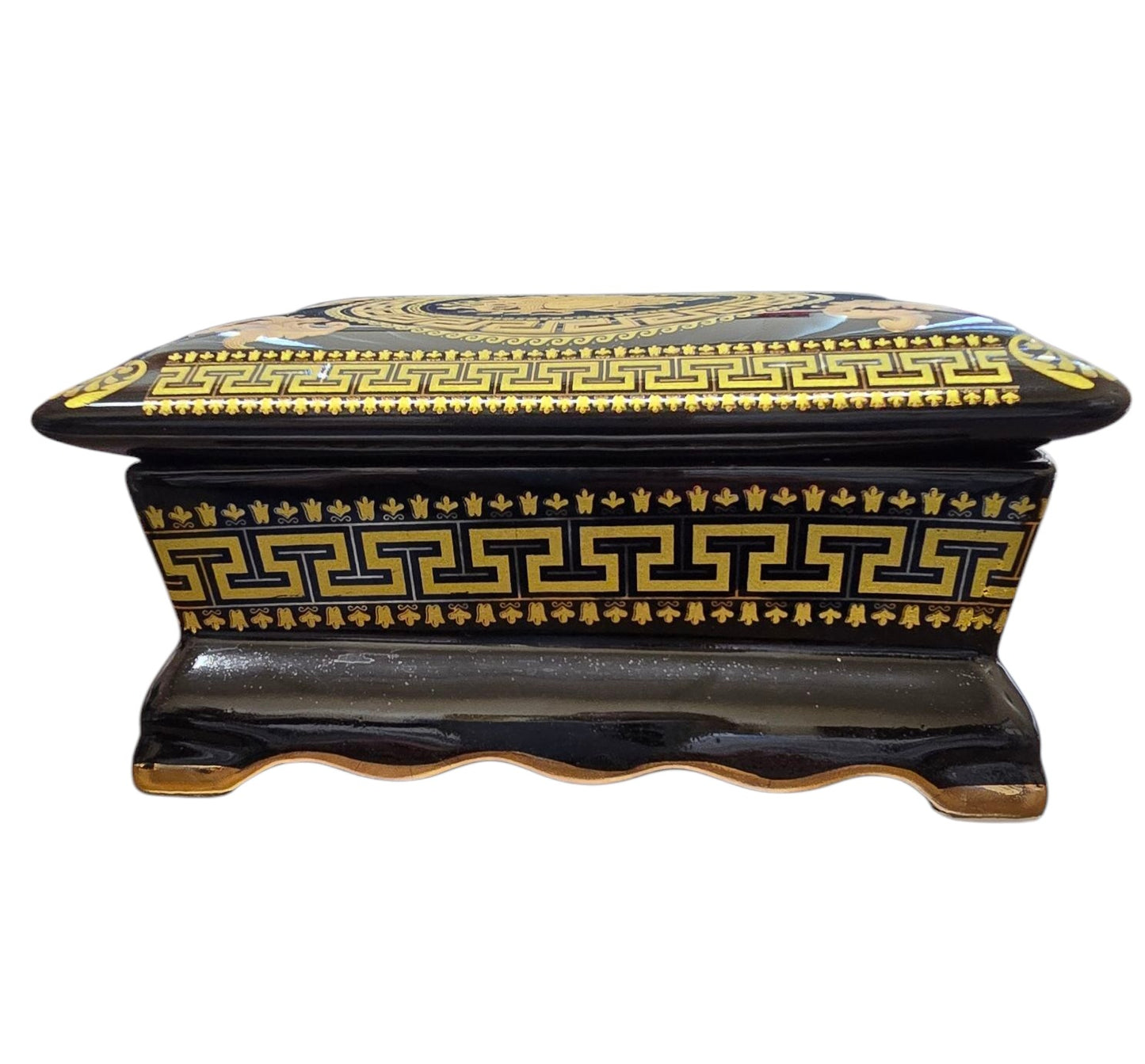 Handmade Greek Ceramic Box with 24K Gold Accents - Ancient Scene of Dionysius and Gods by the Parthenon