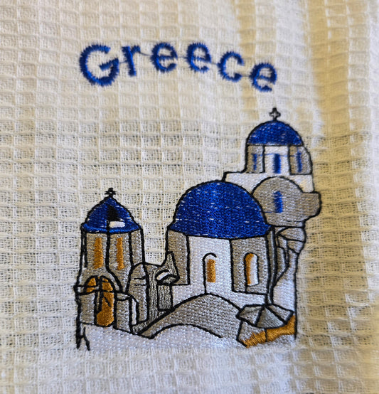 Charming Greek Kitchen Towels - 100% Cotton with Embroidered Scenes and Assorted Greek Key Borders