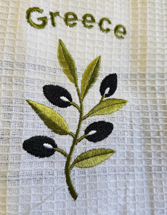 Elegant Greek Kitchen Towels - 100% Cotton with Olive Branch Embroidery and Assorted Greek Key Borders