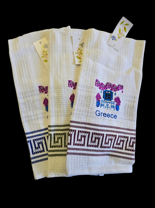 Charming Greek Kitchen Towels - 100% Cotton with Embroidered Scenes and Assorted Greek Key Borders