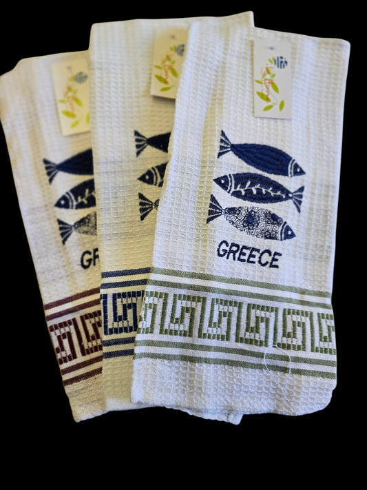 Elegant Greek Kitchen Towels - 100% Cotton with Fish Embroidery and Assorted Greek Key Borders