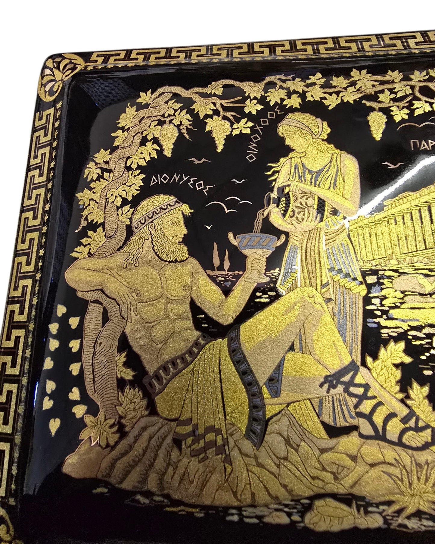 Handmade Greek Ceramic Box with 24K Gold Accents - Ancient Scene of Dionysius and Gods by the Parthenon