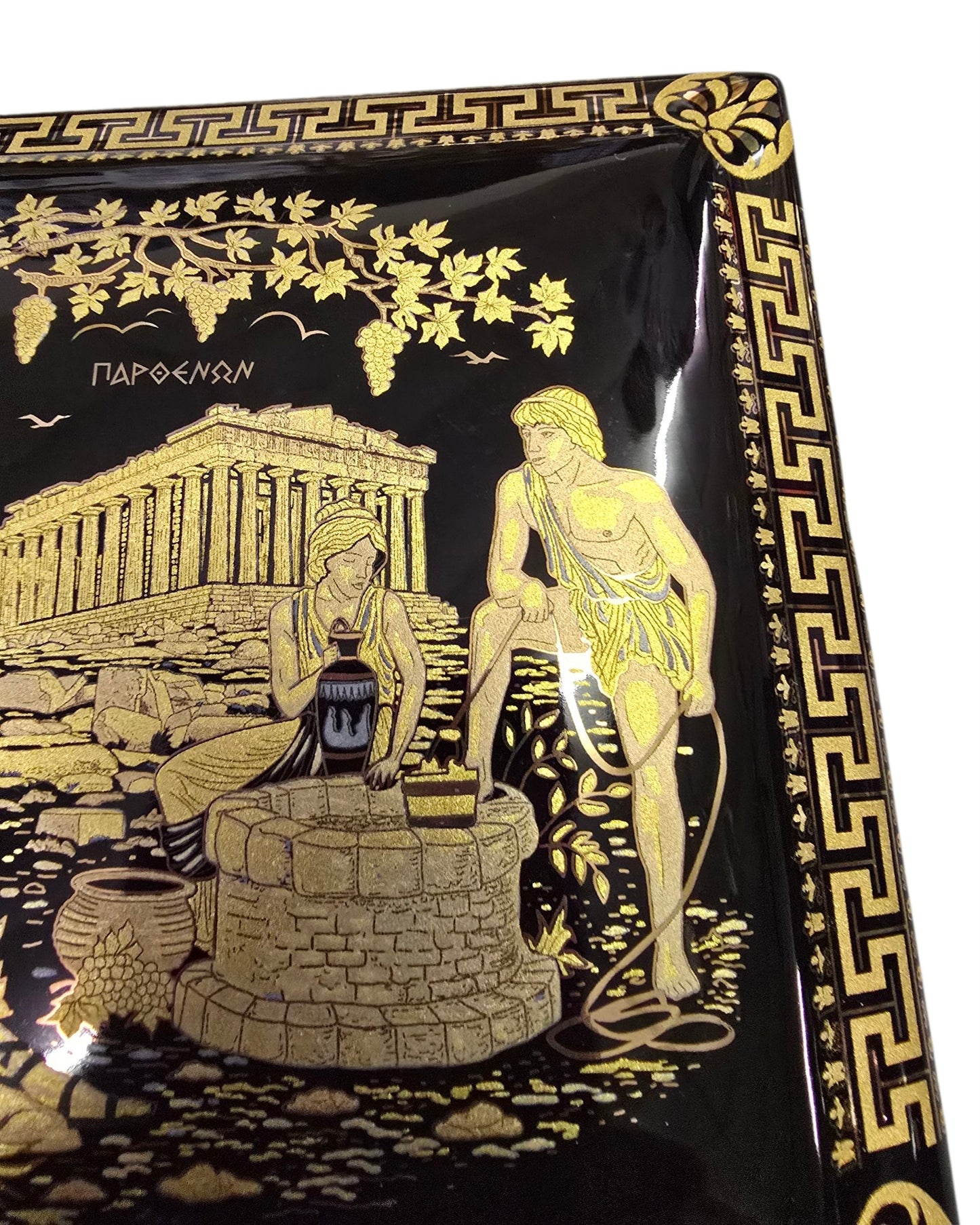 Handmade Greek Ceramic Box with 24K Gold Accents - Ancient Scene of Dionysius and Gods by the Parthenon