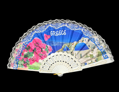 Handheld Folding Fan – Greek Island Santorini Design with White Lace Trim