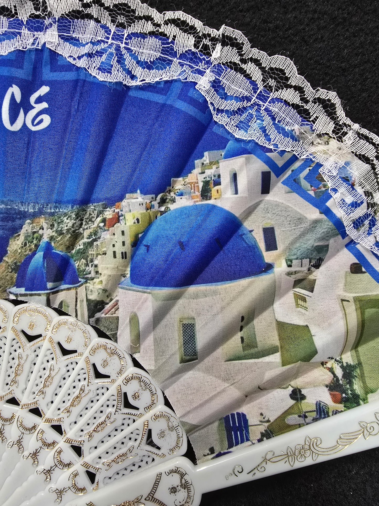 Handheld Folding Fan – Greek Island Santorini Design with White Lace Trim
