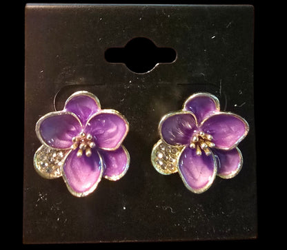 Lavender Enamel Flower Earrings with Rhinestone Leaf Accent